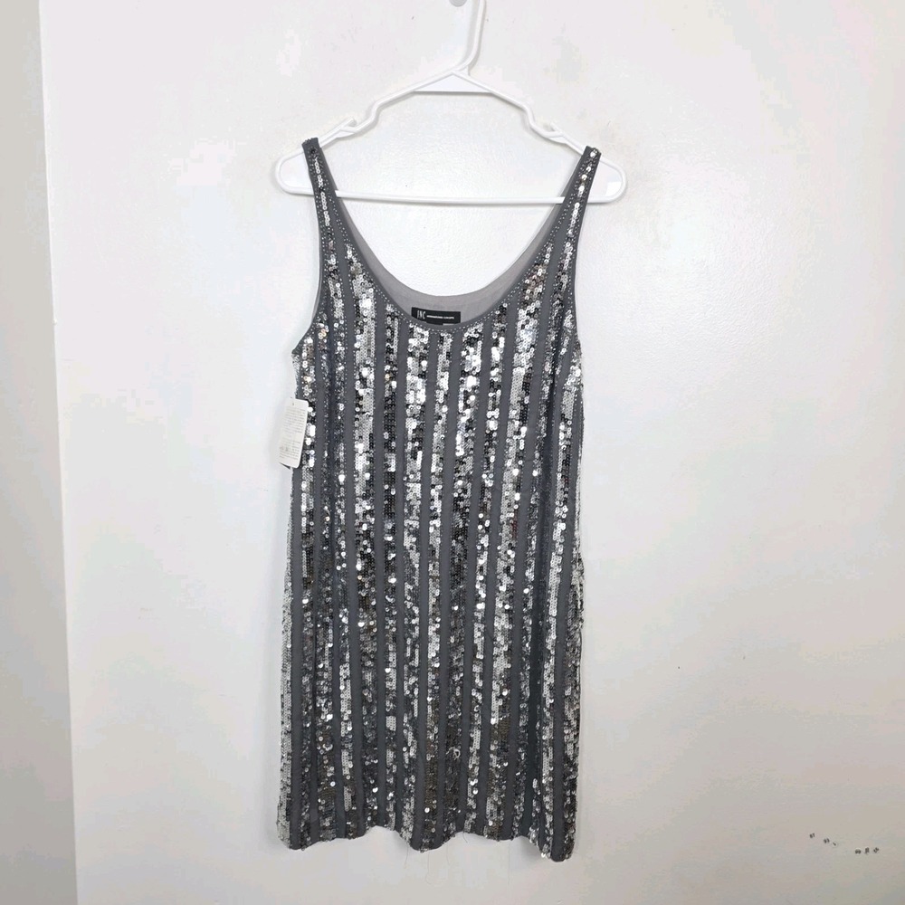 INC International Concepts Gray Silver Sequin Stripe Party Silk Mini Dress Sz 6